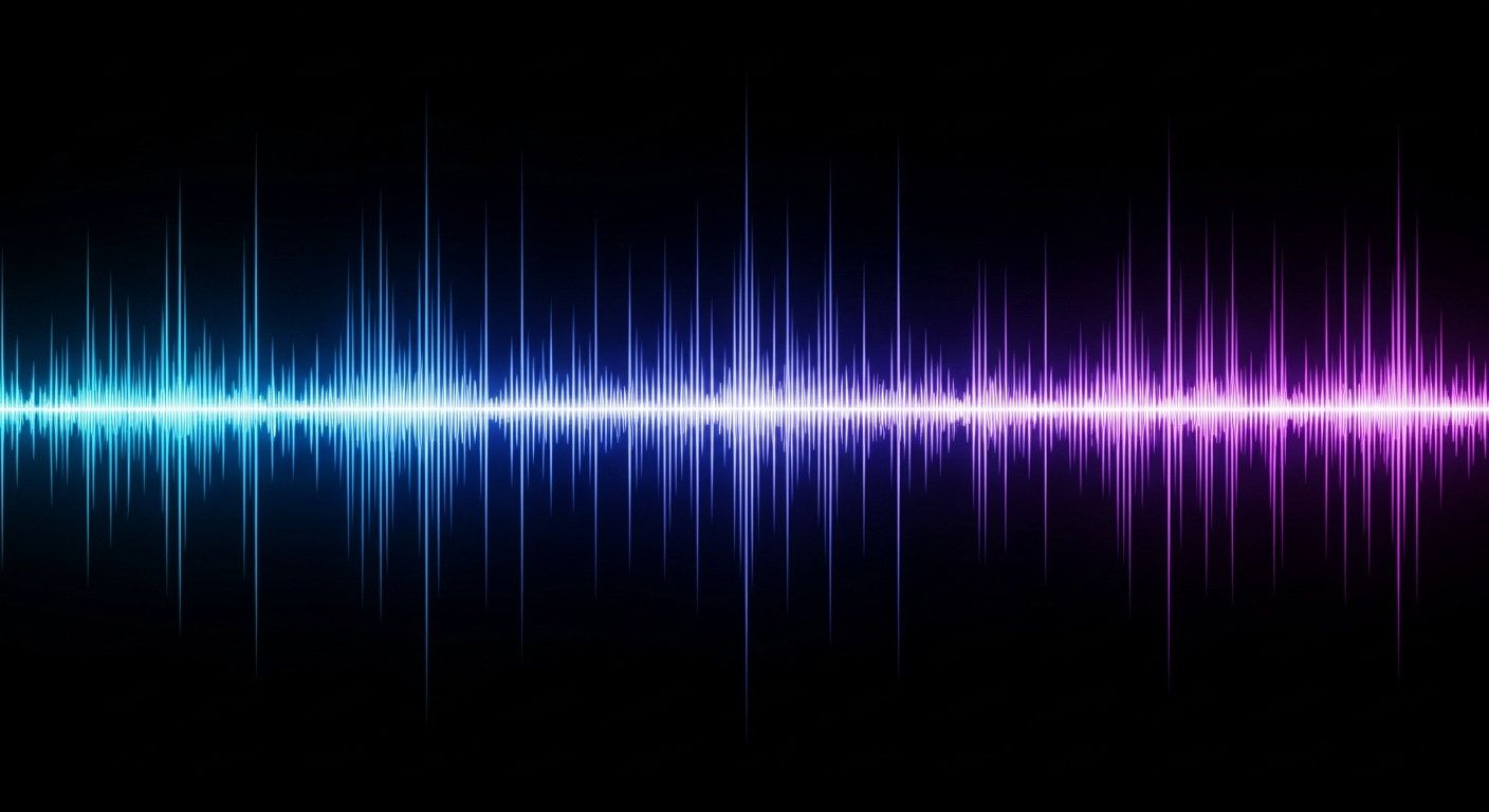 AI_IMAGE: A deep space audio visualizer matrix, infinite thin glowing spectrum ripples radiating from the center in neon blue and purple against a pitch-black void, cinematic lighting, high-tech interface vibes | digital-art | landscape